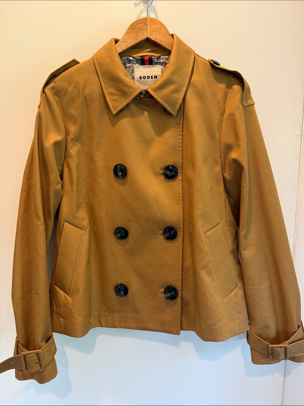 Boden Short Double-Breasted Trench Jacket in Camel